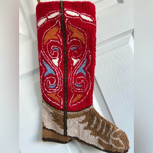 Unique Cowboy boot stocking.  Very intricate.  Red with blue and white scroll - Picture 2 of 4